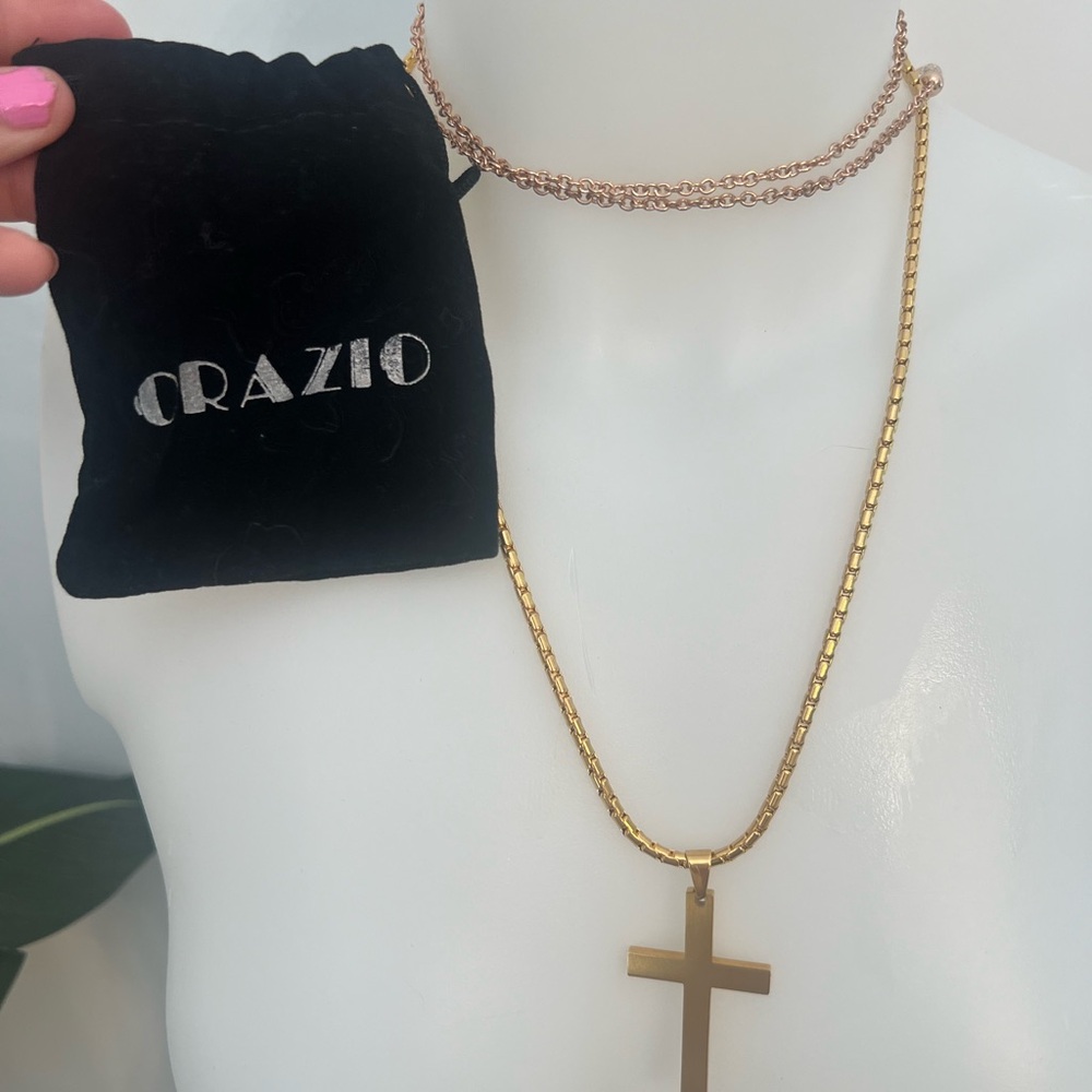 Mens Men’s  Stainless Steel Gold Color Chain Necklace Cross Pendant